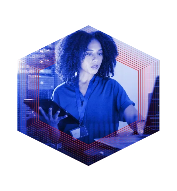 Woman with tablet, working on computer security system