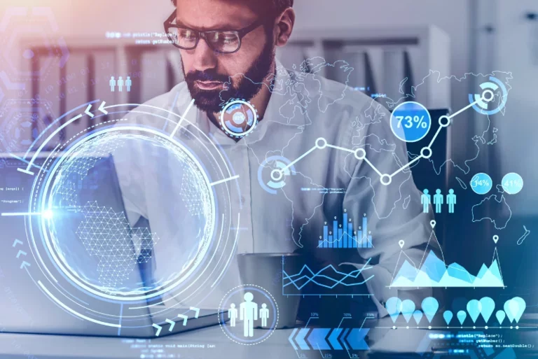 Man wearing glasses, looking at ai generated globe, doing calculations