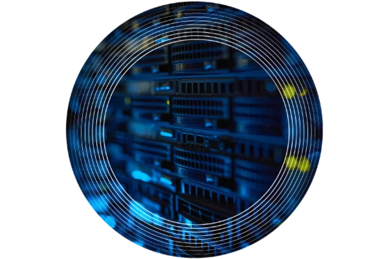 An arrangement of dimly lit high-powered computing systems