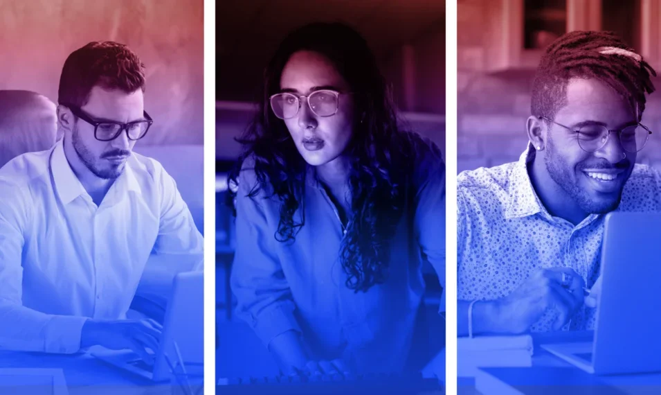 3 people tackling data movement. On the left a man in glasses identifies a data issue, the middle is a woman, also in glasses, investigating the data issue, and on the right, a man has resolved the data issues.