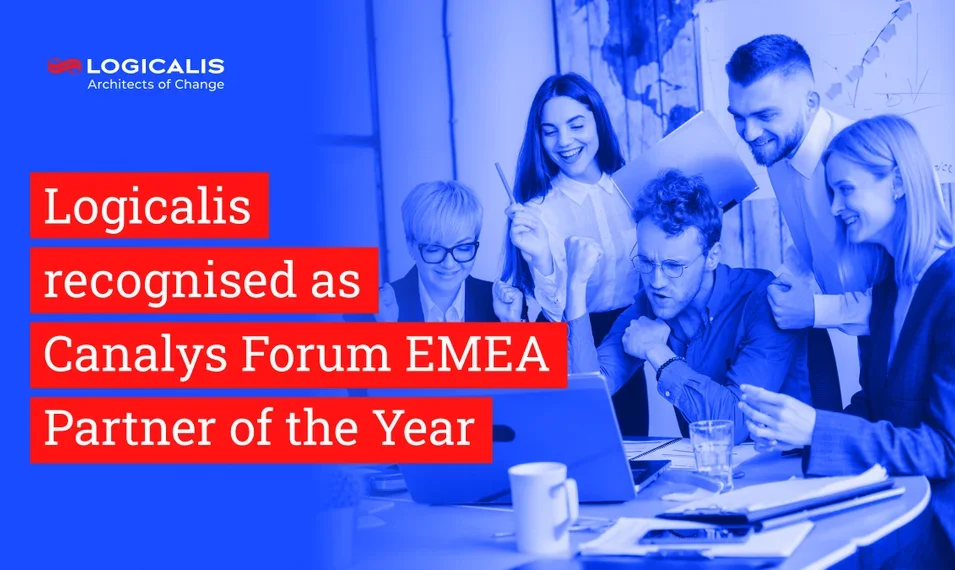 Image of team looking at a computer with title Logicalis recognised as Canalys Forum EMEA Partner of the Year